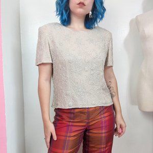 Vintage 90s Talbots Beige Beaded Floral Print Formal Top